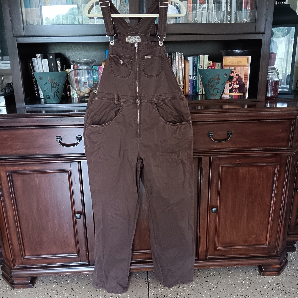 ↠ Vintage 90s Express Jeans Cotton Denim Straight Wide Leg Barn Chore Overalls - Picture 2 of 6